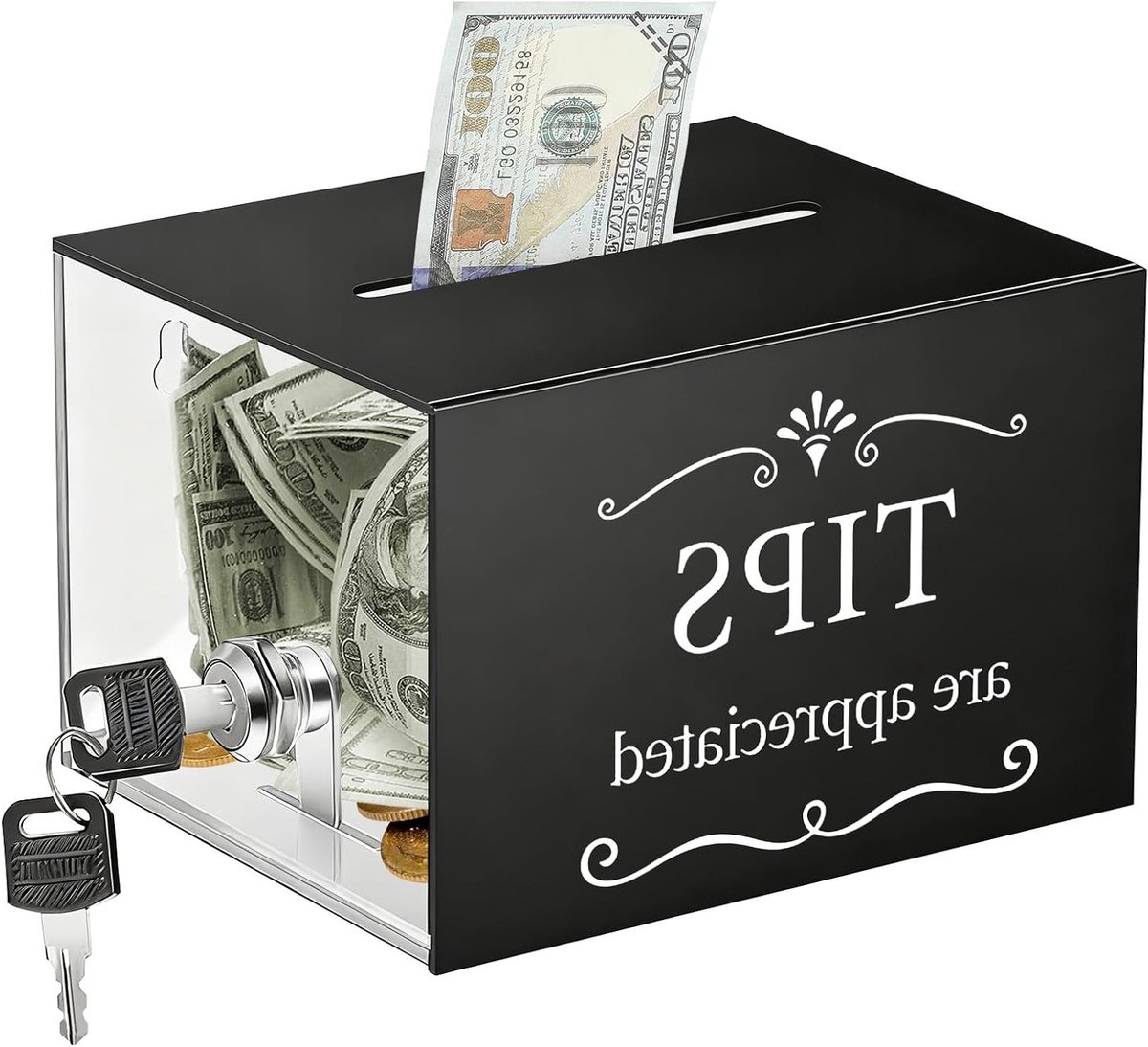 Donatiebox van acryl met slot, 17 x 14 x 11 cm, afsluitbare geldcassette voor tips, wandmontage en gebruik in restaurants, bars en cafés