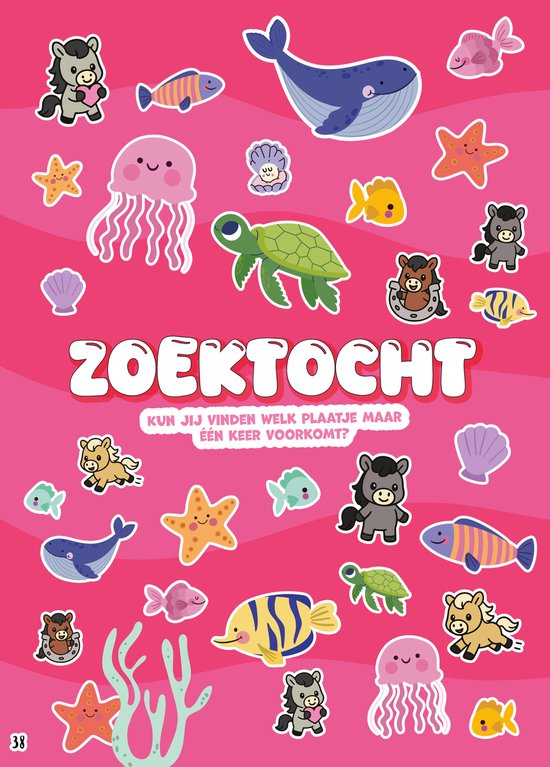 Roze achtergrond met zeedieren: paarden, walvis, schildpad, kwal, vissen, zeesterren. Tekst: 'ZOEKTOCHT KUN JIJ VINDEN WELK PLAATJE MAAR ÉÉN KEER VOORKOMT?'