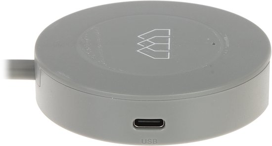 Grijze ronde dongle met wit huislogo en een USB-poort.