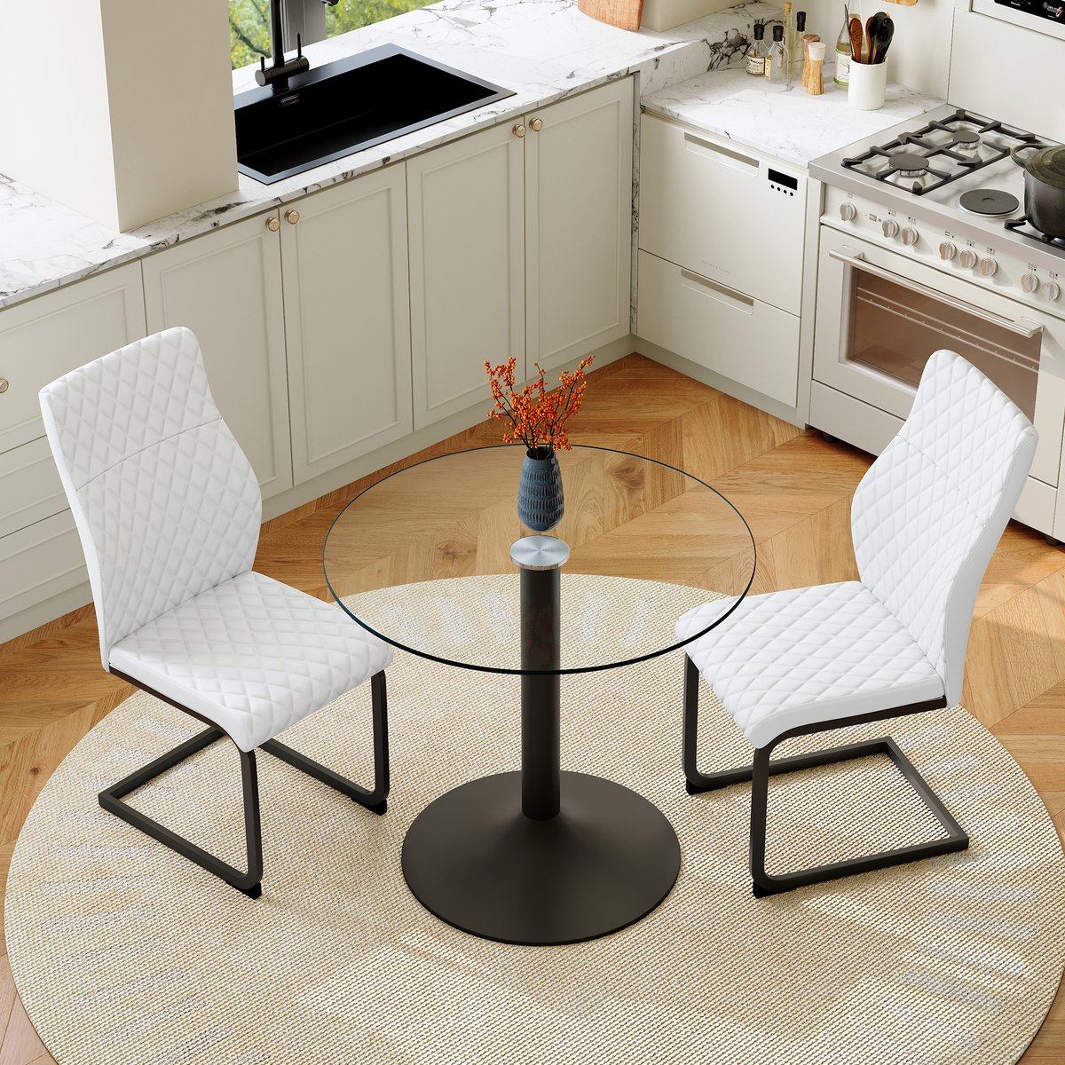 STILVORA Tafel En Stoelen Set - Ronde Glazen Eettafel 85 Cm Met 2 Stoelen - Voor Kleine Eetruimtes En Thuisbar - Metaal - Zwart Transparant Wit