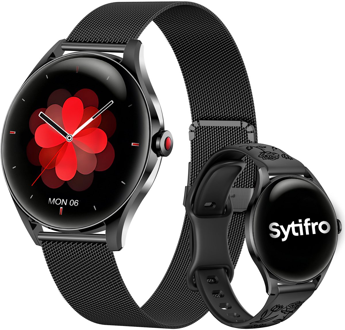 SYTIFRO smartwatch dames -smartwatch met 3D bolvormig glas - horloge dames 1.32" AMOLED 60Hz - 300 mAh (7 dagen) horloge - 130+ sportmodes & 2 jaar garantie