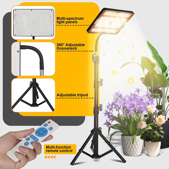 Groeilamp met multi-spectrum lichtpanelen, 360° verstelbare zwanenhals en verstelbare statiefvoet. Een hand houdt een multifunctionele afstandsbediening vast.