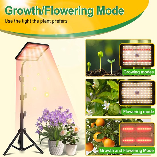 Groeilamp met statief, in de 'Growth/Flowering Mode', belicht paarse bloemen en groene planten. Drie standen voor groei, bloei en gecombineerde groei/bloei.