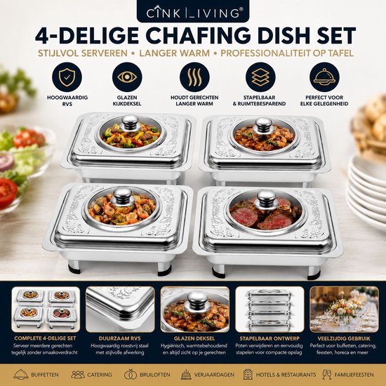 CINK Kitchen Warmhoudschalen 4-Delig - RVS met 4 Glazen Kijkdeksels - Chafing Dish voor Buffet en Catering — afbeelding 5