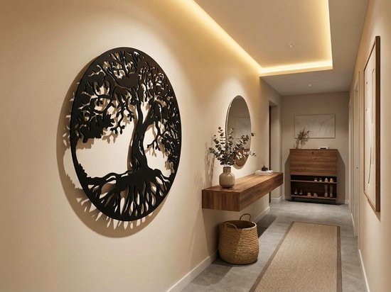 Zwart metalen wanddecoratie in de vorm van een levensboom met dikke takken en wortels, in een hal met een console en spiegel.