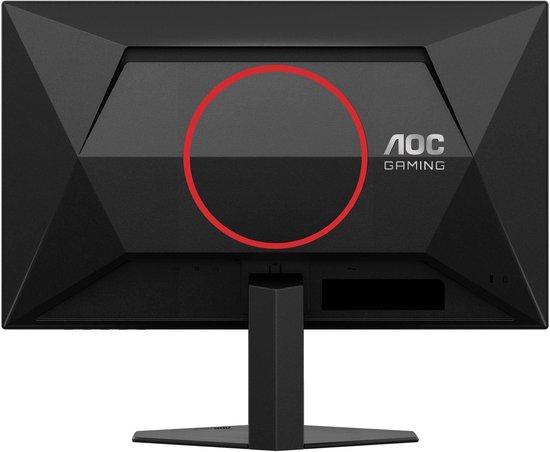 Achterkant van een zwarte AOC gaming monitor met rode cirkel, van voren gezien.