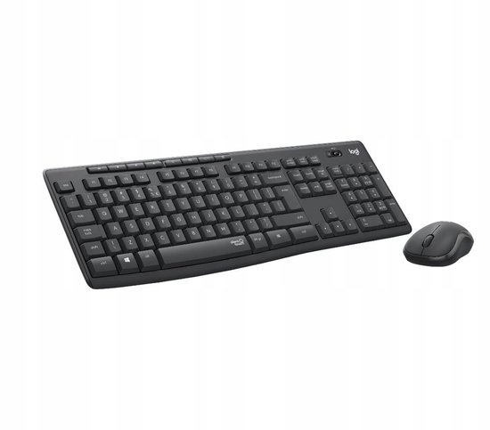 Zwart Logitech draadloos toetsenbord en muis, met USB-ontvanger.