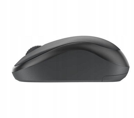 Zijkant van een zwarte Logitech draadloze muis, met scrollwiel en een ergonomisch ontwerp.