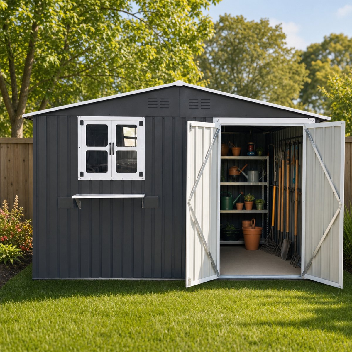 Tuinhuis - Metaal Gereedschapsschuur - Tuinhuis met Schuin Dak- Outdoor Tuinopslag - Weerbestendig - 313 x 255 x 199 cm - Met twee ramen - Waterdicht - Houtskoolgrijs