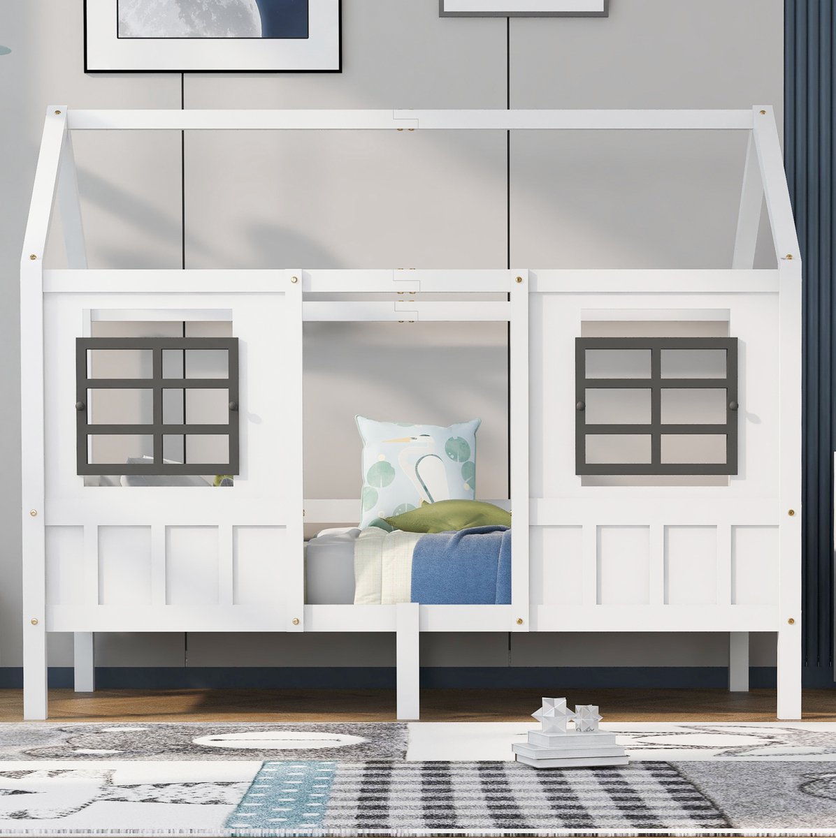 MEUNIQ Huisbed kinderbed 200 x 90 cm met ramen, houten bedframe van grenen en MDF, wit, voor de kinderkamer
