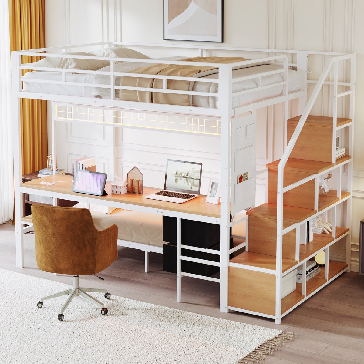 MEUNIQ hoogslaper met bureau, LED, stopcontacten, open opbergruimte en stoffen lades, 140 x 200 cm boven en 90 x 200 cm onder, wit White