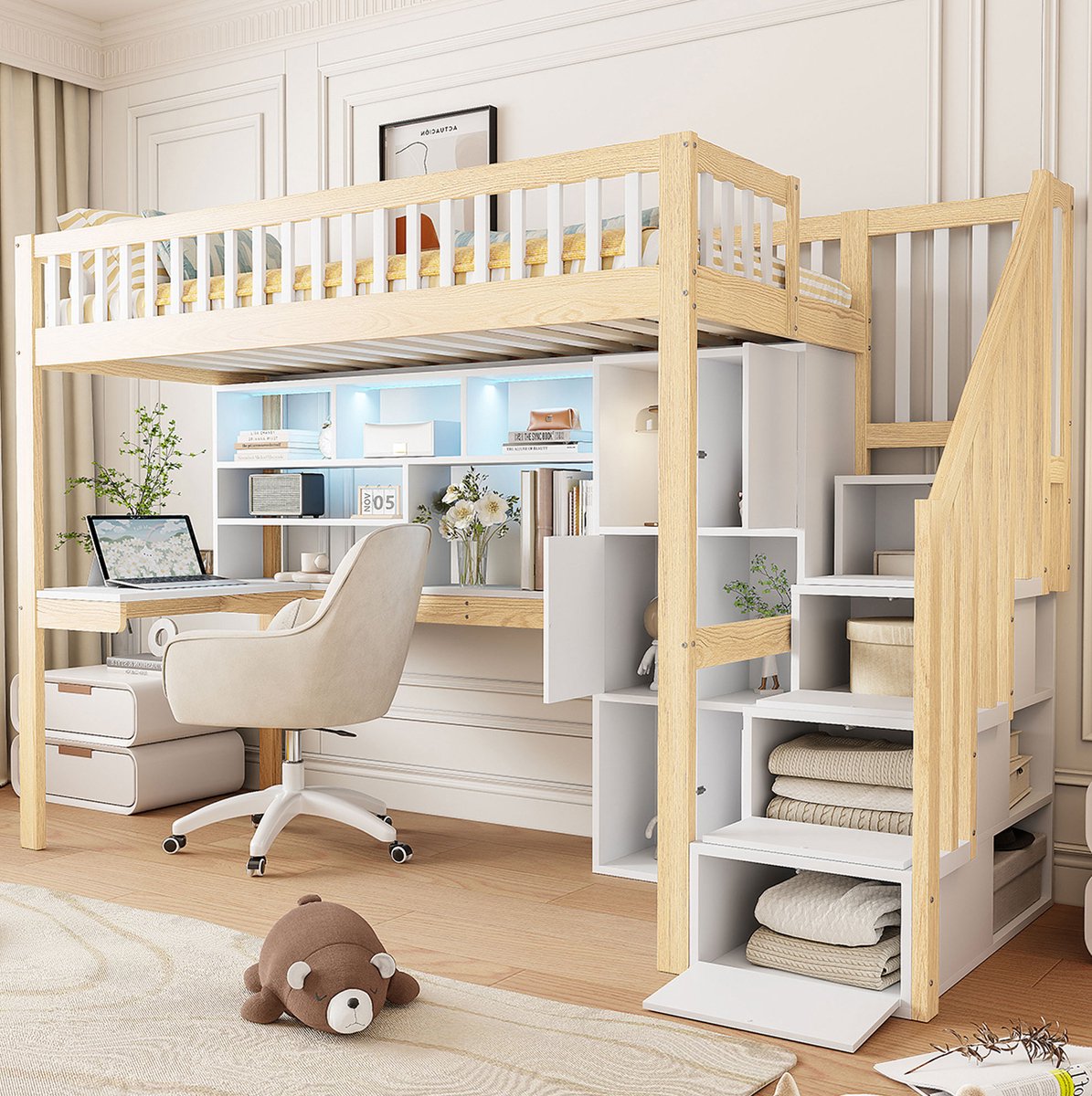 MEUNIQ hoogslaper 90x200 cm met bureau, LED-verlichting, opbergladder, planken en opbergvakken, eenpersoons bed voor kinderkamer, wit naturel, zonder matras White+Natural