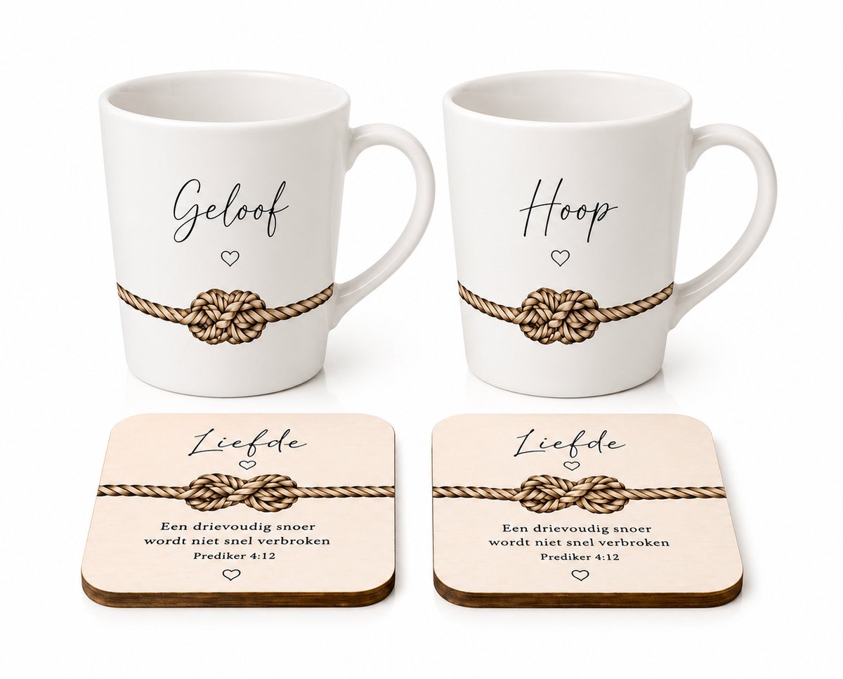 Mokken set cadeau - Christelijk Huwelijkscadeau – Drievoudig Snoer Prediker 4:12 – Geloof Hoop Liefde – Mokkenset Met Onderzetters – Cadeau Voor Bruidspaar - Christelijk cadeaus - Bijbel - Geschenkset -
