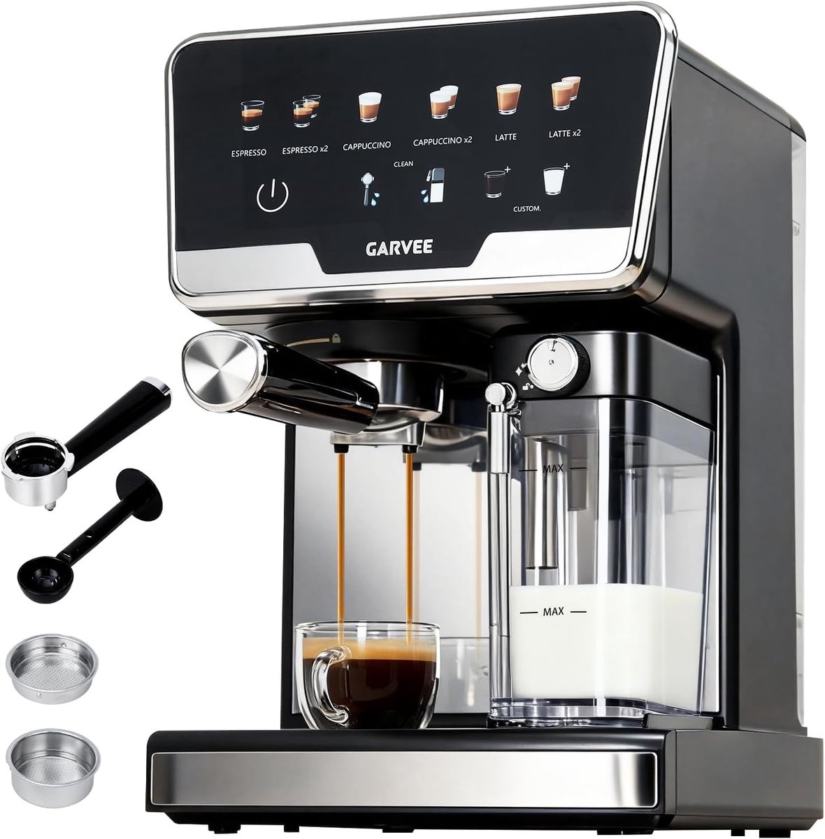 Professionele Espressomachine met Automatische Melkopschuimer - 20 Bar Pistonmachine met Dubbel Verwarmingssysteem - 1450W Koffiezetapparaat voor Cappuccino & Latte - 2L Watertank & Zelfreinigend - RVS / Zwart