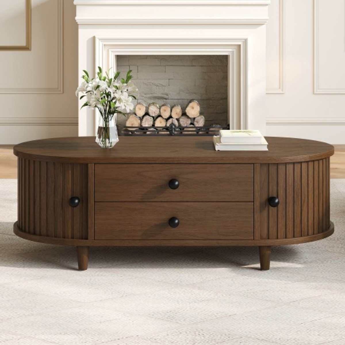 Lemlit ovale salontafel 100x50x36 cm met 2 lades en 2 roldeuren en opbergruimte - walnootlook