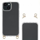 Transparant iPhone hoesje met grijze achterkant, goudkleurige koord-haakjes en gedetailleerde camera-uitsparing.