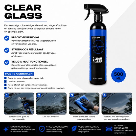Fles met spuitmond voor "Clear Glass", 500 ml. Zwarte fles met geel en blauw label. Toont hoe het product wordt gebruikt.