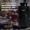 Zwarte, geribbelde Aroma diffuser in een stijlvolle woonkamer.