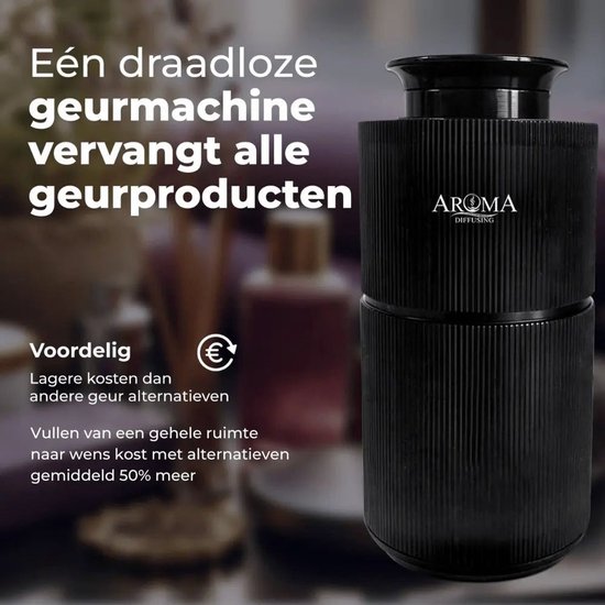 Zwarte, geribbelde Aroma diffuser in een stijlvolle woonkamer.