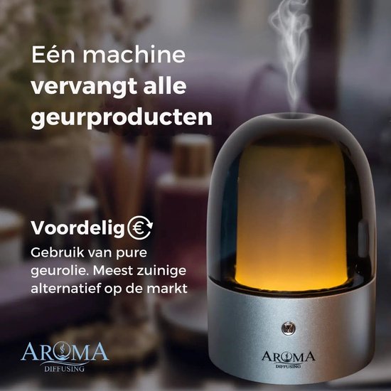 Zilveren aroma diffuser met donkergrijs getinte kap, verlicht met warmgeel licht. Er komt rook uit de bovenkant. De tekst zegt "Eén machine vervangt alle geurproducten".