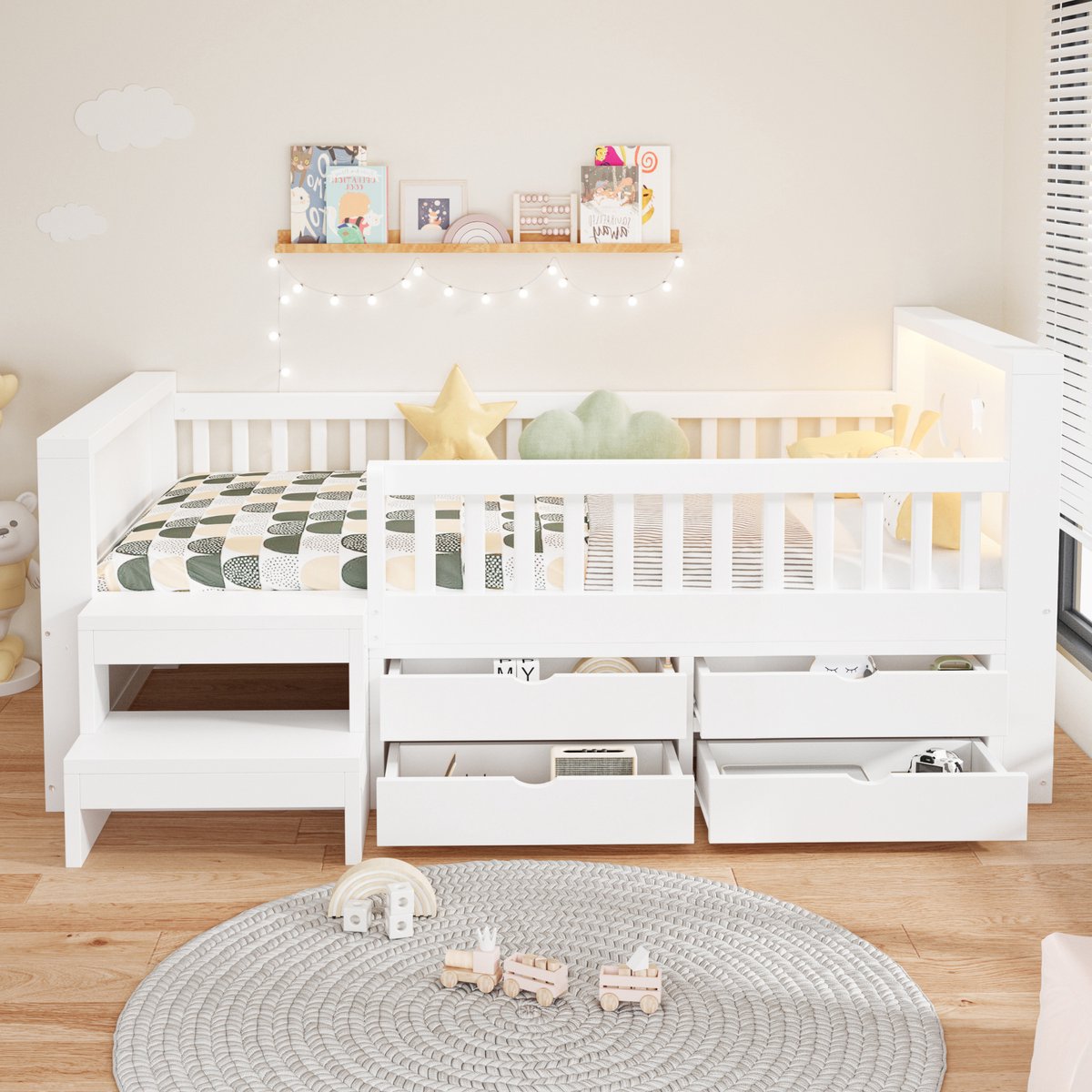 STILVORA Kinderbed 90x200cm – Multifunctioneel Eenpersoonsbed met ledverlichting – Uitvalbeveiliging, Trap En Opberglades – Nacht Design – Hout – Wit – Zonder matras