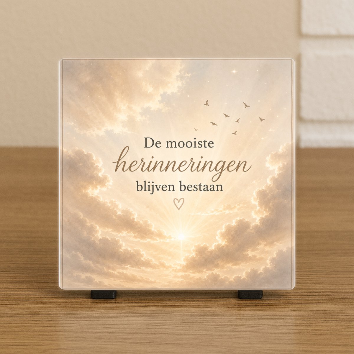 CreaCraft Spreuktegel “De mooiste herinneringen blijven bestaan” hemel – Herdenkingstegel - Trendy nu – Incl standaard – Cadeau Idee – Wenstegeltje – Cadeau voor overlijden – Rouwtegeltje
