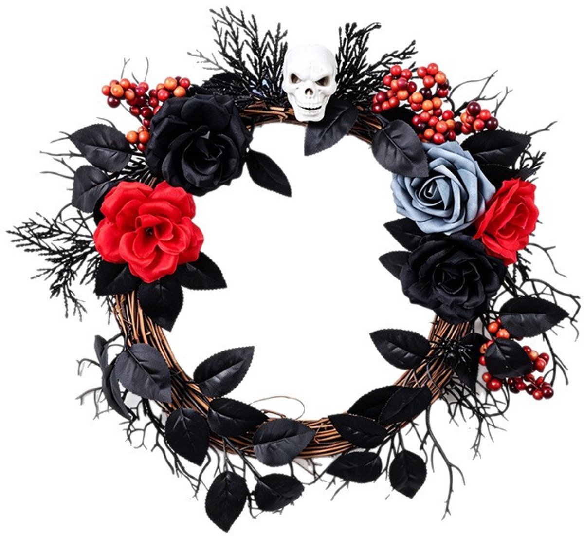 Gothische Halloween-welkomstkrans – Met kunstbessen en schedels – Feestelijke decoratie voor woonkamers, slaapkamers, ramen en muren (binnen/buiten) – Halloween-decoratie