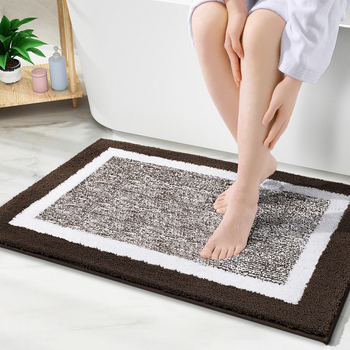 Olanly Badmat Antislip – Microvezel Douchemat – Zacht en absorberend vloermat – Badmat Badkamer – Bruinwit – 61X91cm