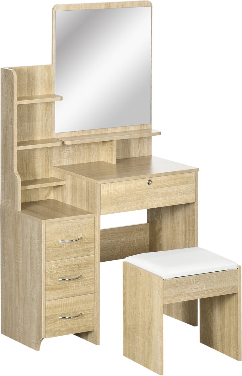 Kaptafel met gevoerde kruk en grote spiegel - meerdere open planken + 4 laden - natuurlijk hout