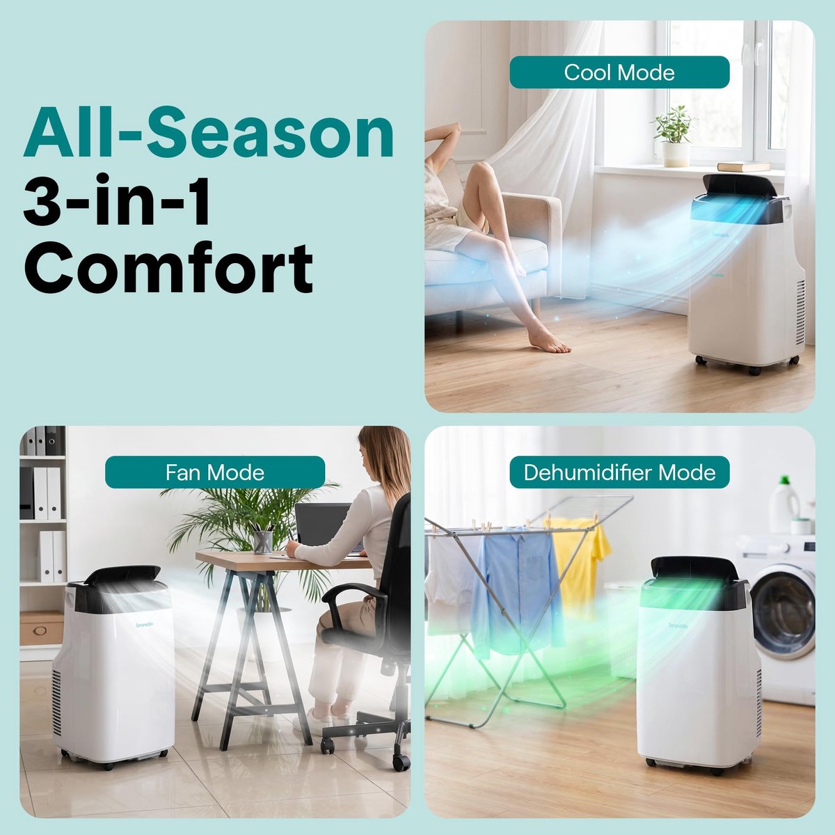 Mobiele airco 12.000 BTU – 3-in-1 airconditioner – stil – met ontvochtiger, raamkit en afstandsbediening thumbnail 2