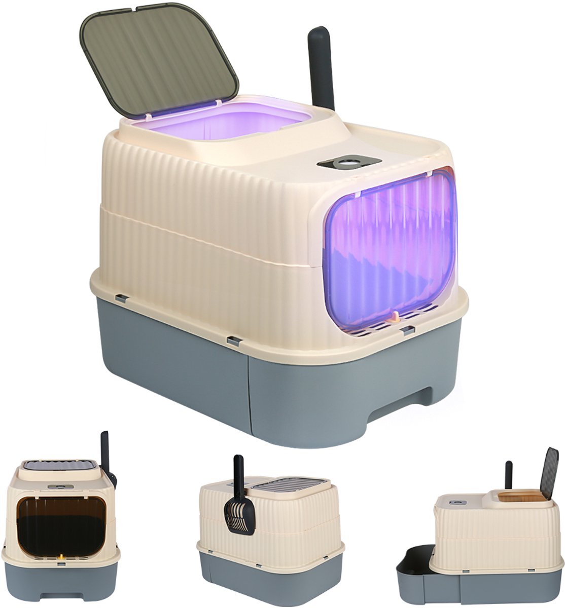 PIPIPOXER Kattenbak met lade -Kattentoilet - Opvouwbare Gesloten UV-kiemdodende -Ultravioletsterilisatie - Dubbele ingang/uitgang-37x49x37cm -Grijs
