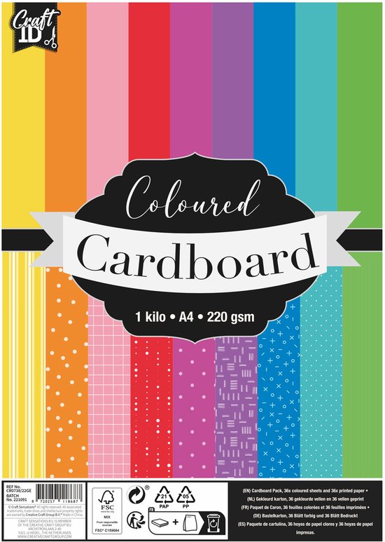 Pak A4 gekleurd karton 220 gsm, met gestreepte, gestippelde en ruitpatronen.