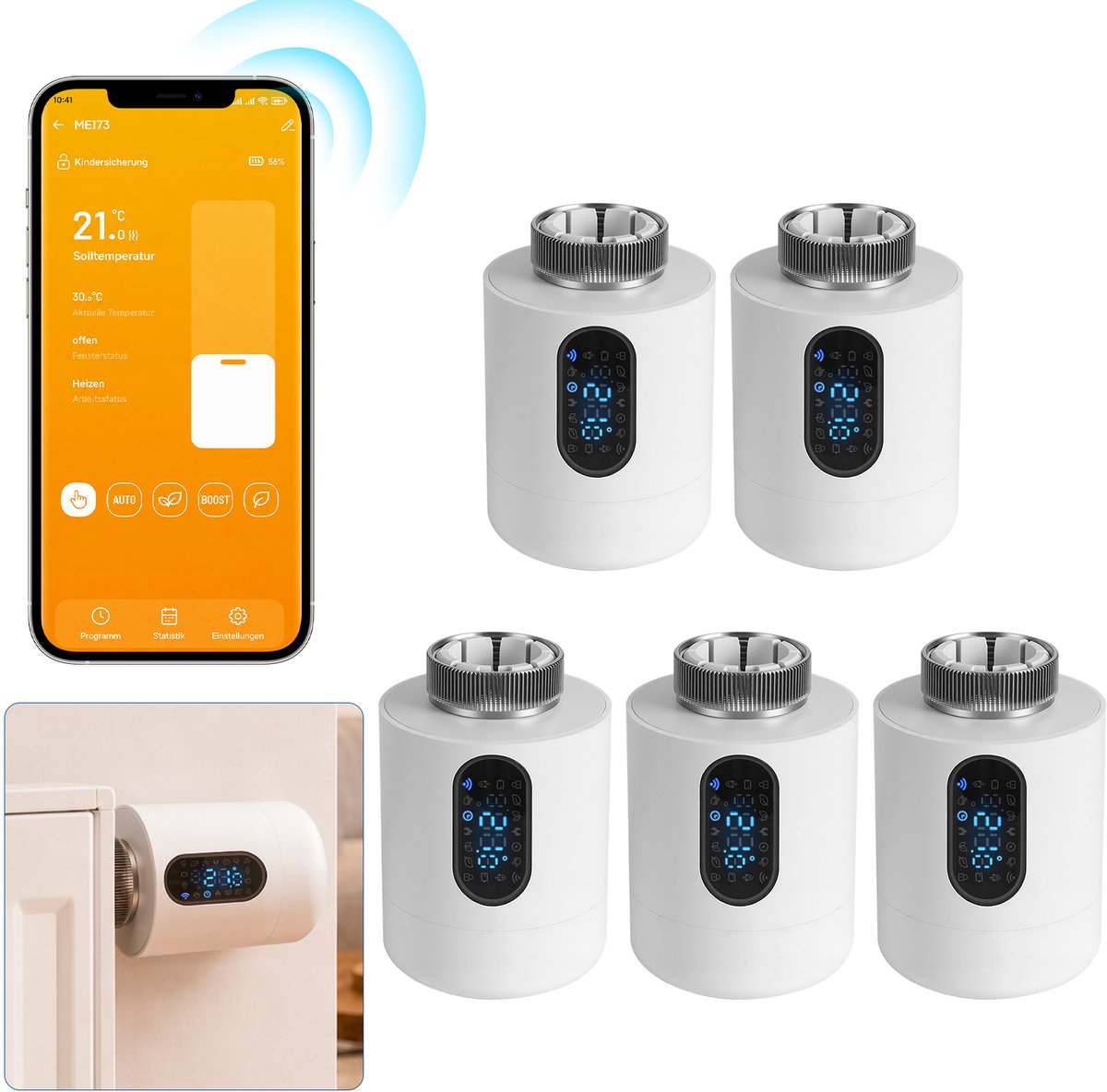 Slimme Thermostaatkraan voor Radiator – WiFi, App en 6 Modi – Wit – 5-pack