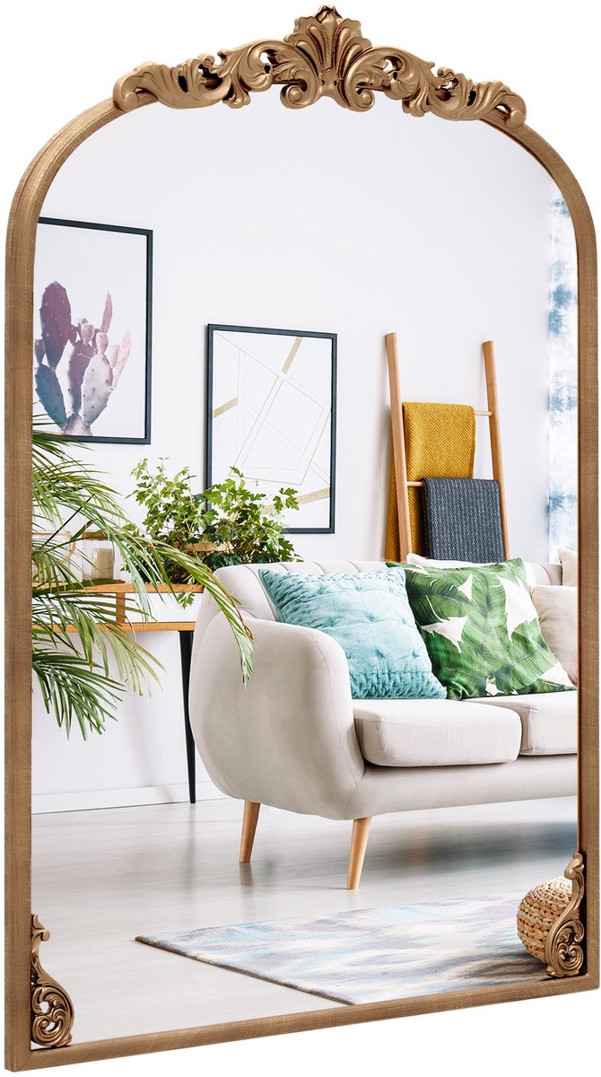 COSTWAY Barok spiegel goud, 66 x 95 cm, wandspiegel boog met metalen frame, antieke decoratieve spiegel voor open haard, woonkamer en entree