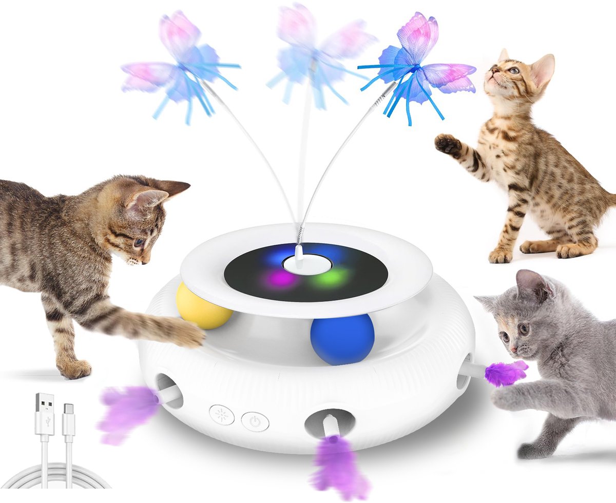 FOSMET Interactief Kattenspeelgoed 3-in-1 - Kattenspeelgoed - Dieren-Intelligentiespeelgoed - Set 7-delig - Whack-A-Mole, Fladderende Vlinder & Kogelbaan met Bal - Voedselveilig ABS - Wit