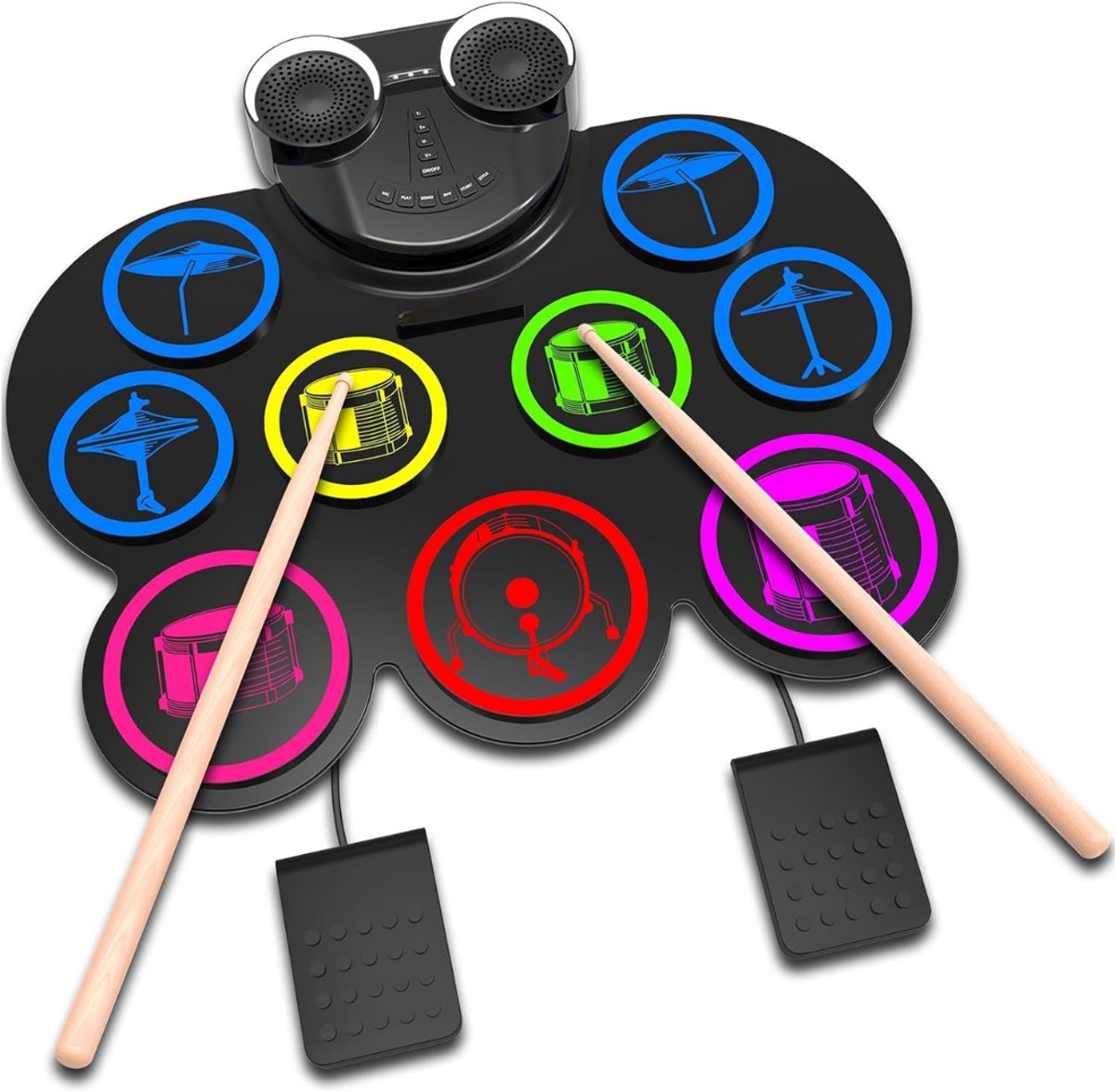 QUOVO® Elektrisch Drumstel met Drumstokken - Drumstel voor Kinderen of Volwassenen - Drumstel Elektronisch – Drumpad Elektronisch – 9 Drumpads – Met Bluetooth – Zwart - 41cm x 34cm x 4cm