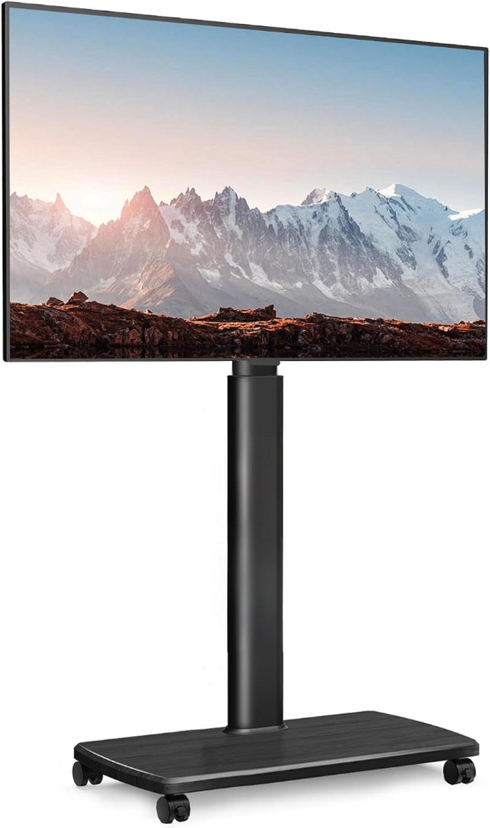 TV Vloerstandaard 32-70 Inch – Verrijdbare TV Standvoet – Oprolbare TV Standaard met Houten Plank – Universele TV Voet voor Flatscreen, LED, LCD & Smart TV – TV Meubel op Wielen – Zwart