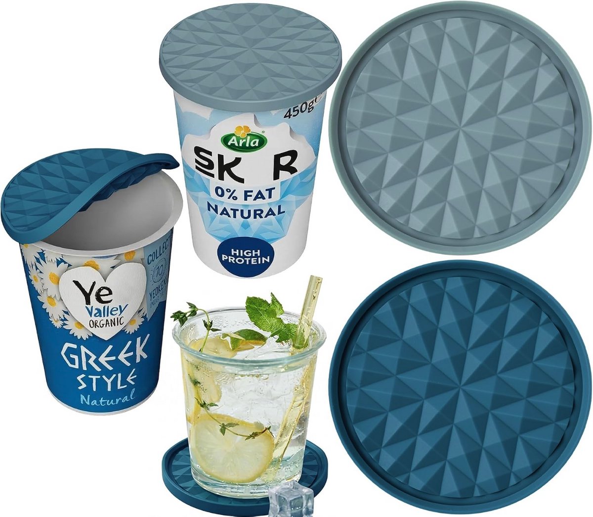 Herbruikbare Siliconen Yoghurtdeksel 500 g – Set van 2 – Donkerblauw & Lichtblauw – Omkeerbaar Deksel voor Yoghurtbekers – Siliconen Deksel, Onderzetter & Organizer – Keukenaccessoire – Yoghurtbeker Deksel