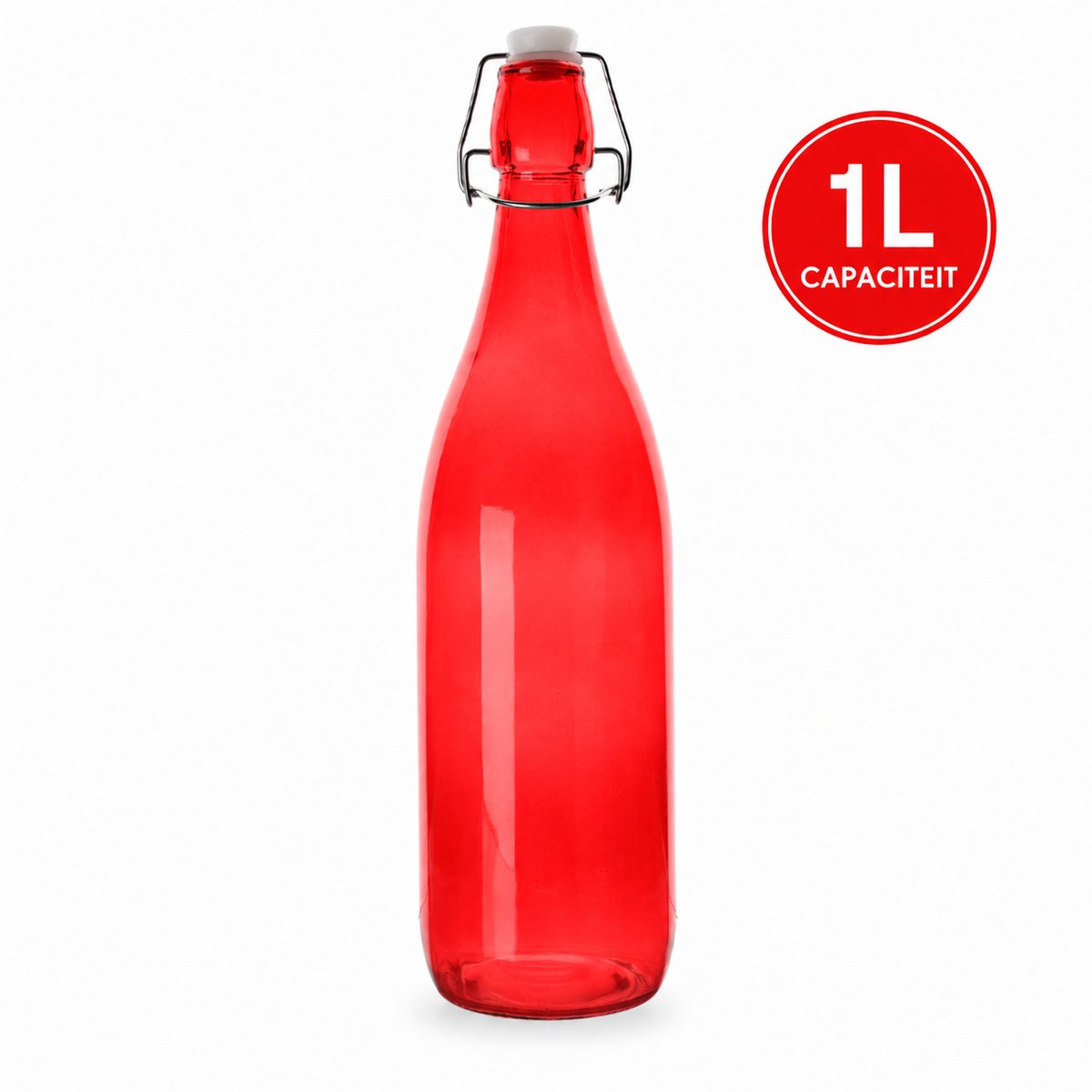 Glazen Beugelfles 1 Liter Rood – Herbruikbare Fles met Beugelsluiting – Ø 8,6 x 32 cm – Voor Water, Sap, Limonade, Siroop & Zelfgemaakte Dranken