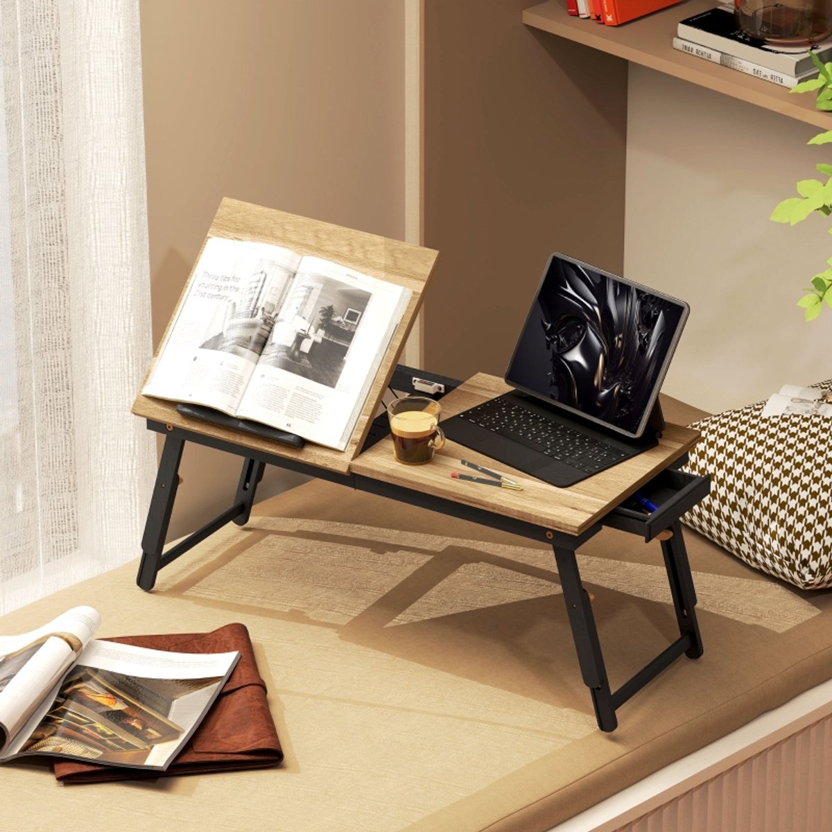 DESMIU Laptoptafel - Hoogte Verstelbaar En Opklapbaar - 83,5 X 33 X 23,5 34 Cm - MDF En Hout - Eiken - Voor Bed En Bank Met Lade
