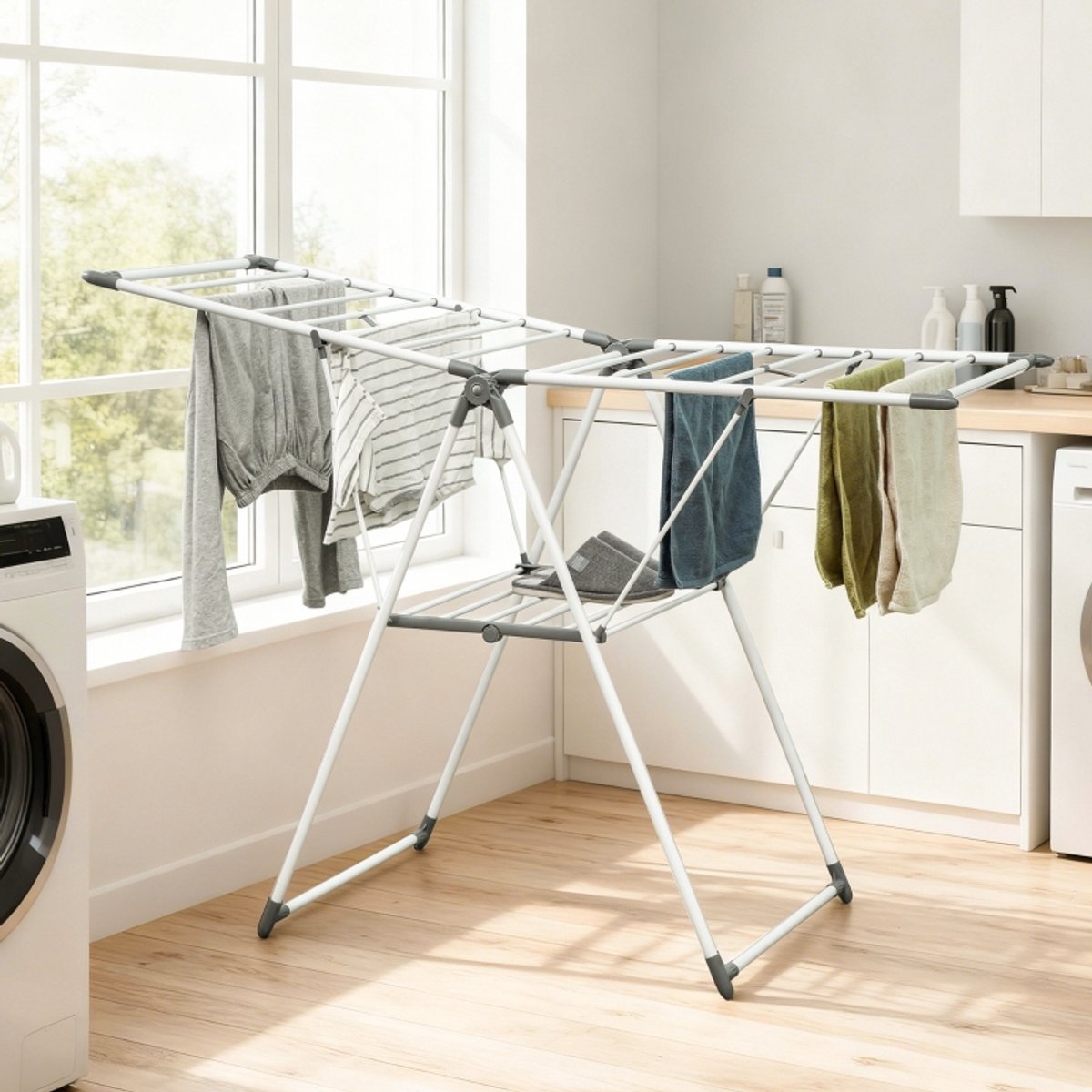 Droogrek – 1,565 M Drooglengte – Opvouwbaar Met 2 Niveaus En Verstelbare Vleugels – Metaal – Wit – Voor Kleding En Broeken