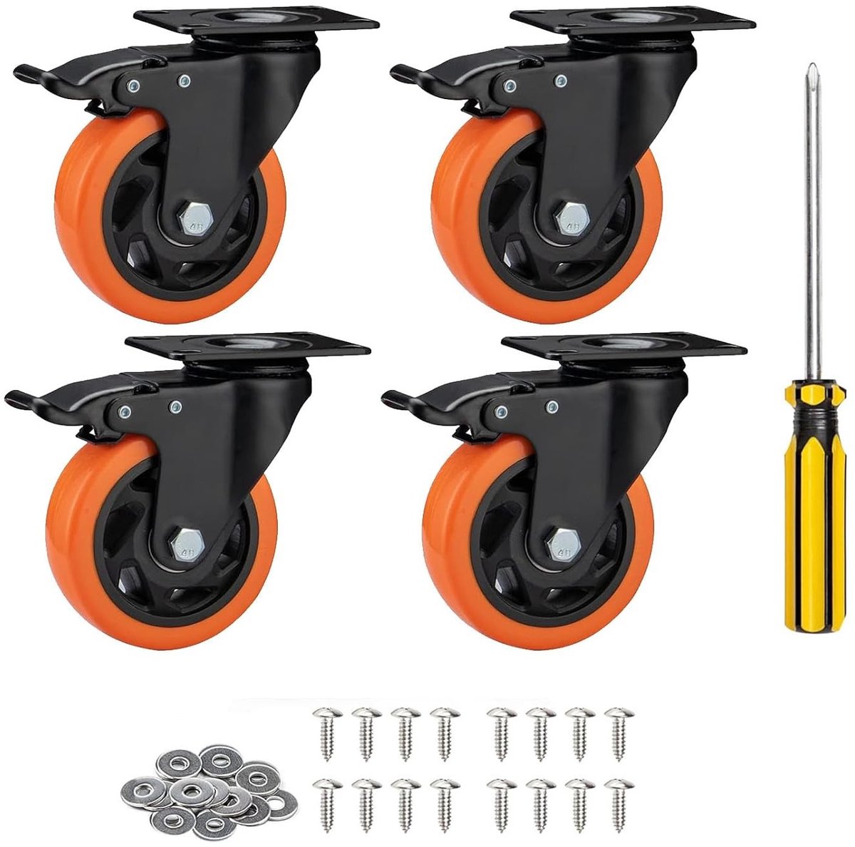 Roulettewiel - Oranje - 75 mm - Zware Industriële Polyurethaan Zwenkwiel met Rem - Voor Meubels en Apparatuur