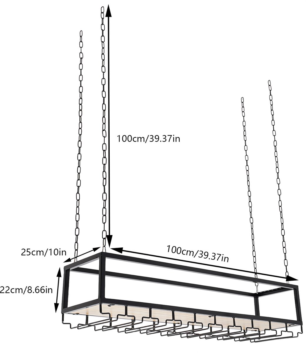 Mura Wijnrek - Flessenrek - Wijnfleshouder - Wijnhouder - Glazenrek - Wine Rack - Hangende Plafondmontage - 20 Wijnflessen - Zwart