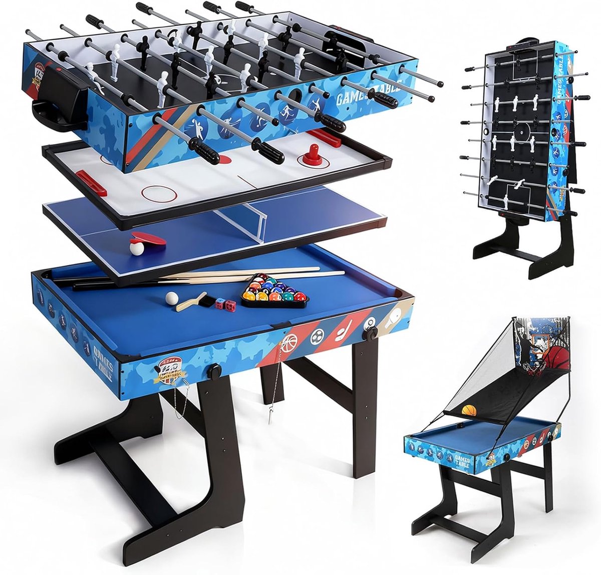 5-in-1 Multigame Tafel 123,5 cm – Opvouwbare Speeltafel met Pool, Voetbal, Airhockey, Basketbal en Tafeltennis – Voor Kinderen en Volwassenen