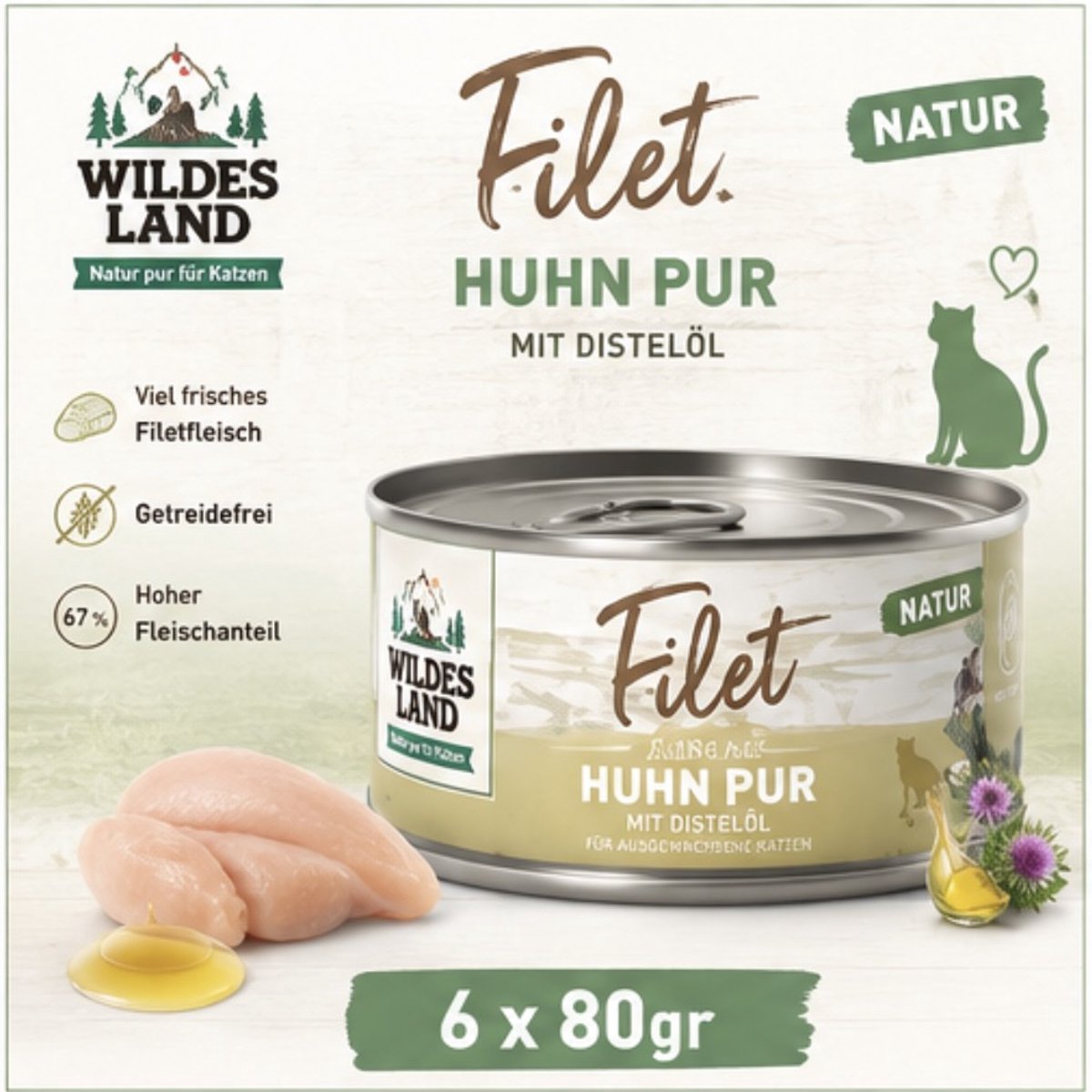 Wildes Land Wildes Land Filet Kip Puur - Katten natvoer - 6x80gr