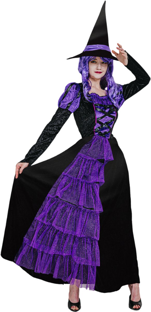 Joya Party® Heks Kostuum Dames | Luxe Heksenjurk Vrouw met Heksenhoed | Zwart Paarse Heks Verkleedpak | Halloween Kostuum Vrouwen | Carnaval & Themafeest | Maat S/M