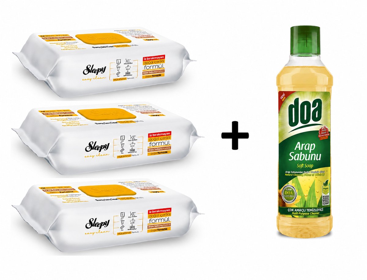 Sleepy & DOA Schoonmaakset - 3x Reinigingsdoekjes + 1x Zachte Zeep - Yuzey Temizleme Mendili Arap Sabunu