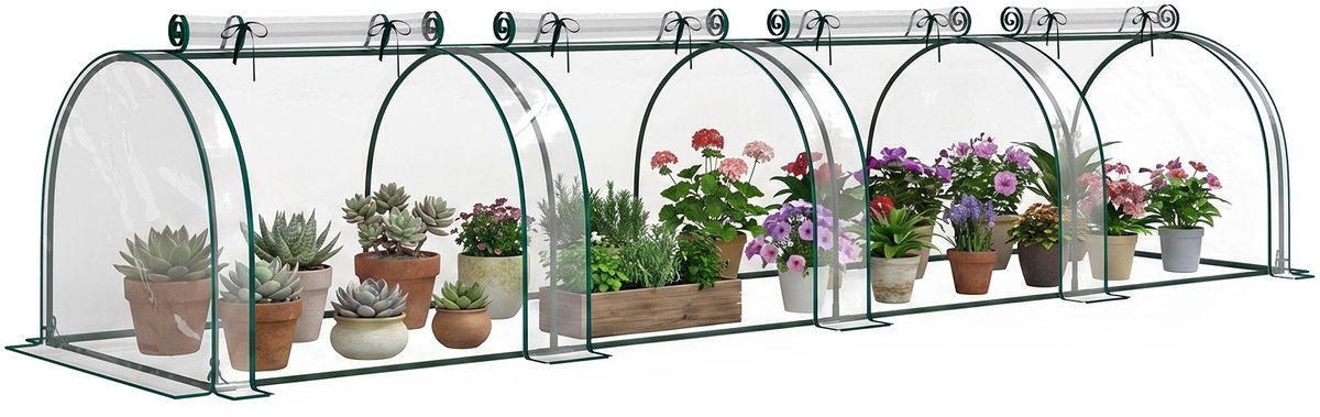 Mini Kas – Tunnelkas met stalen frame - 4L x 1L x 0,80H m - staal - PVC - UV-bestendig - 4 oprolbare ramen met ritssluiting - groen en transparant