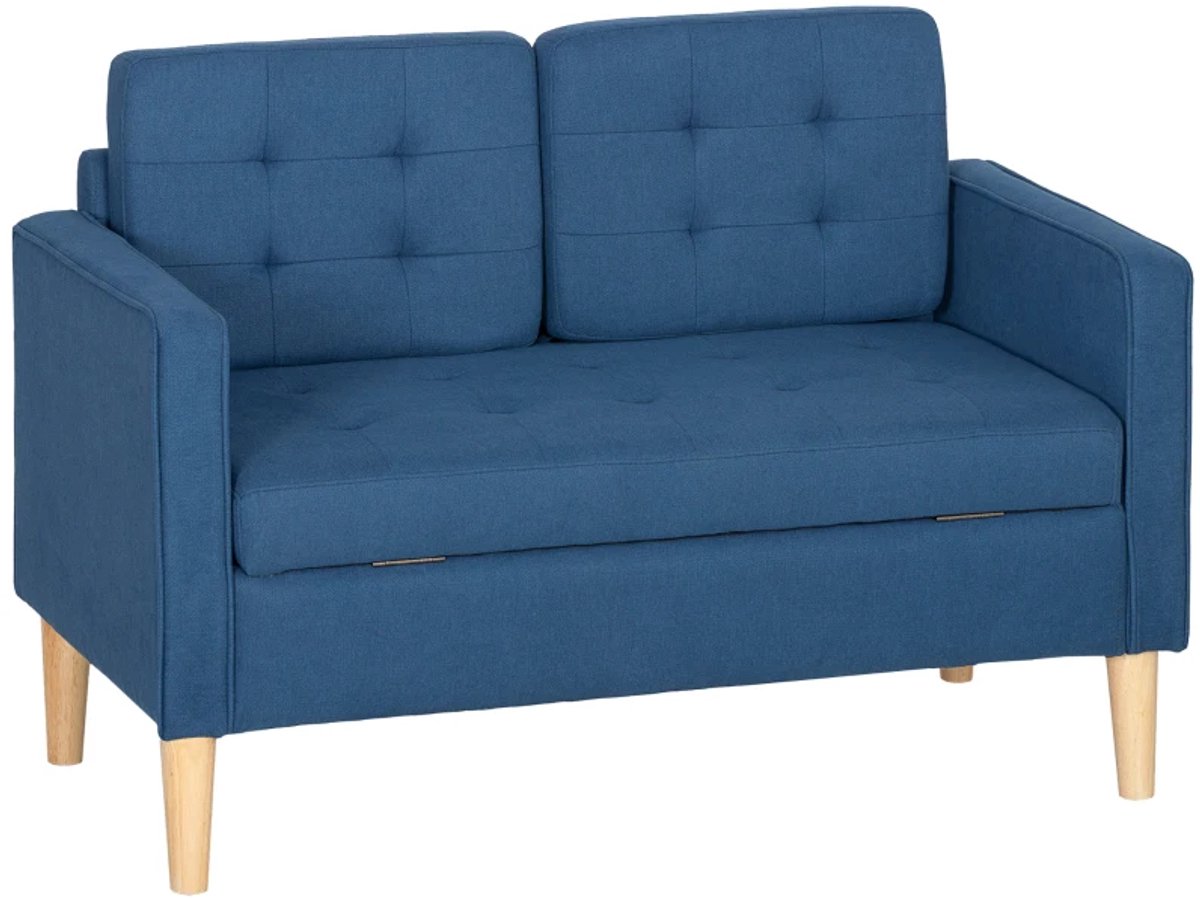 2-Zitsbanken - Tweezitsbank met Opbergruimte - Knoopstiksel - Kussens - Rubberboomhout - 117 x 62 x 78 cm - Blauw