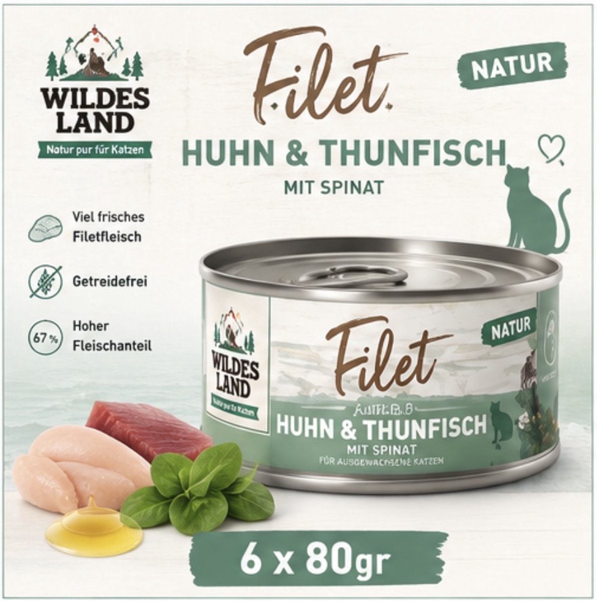 Wildes Land Wildes Land Filet Kip & Tonijn met Spinazie - Katten natvoer - 6x80gr